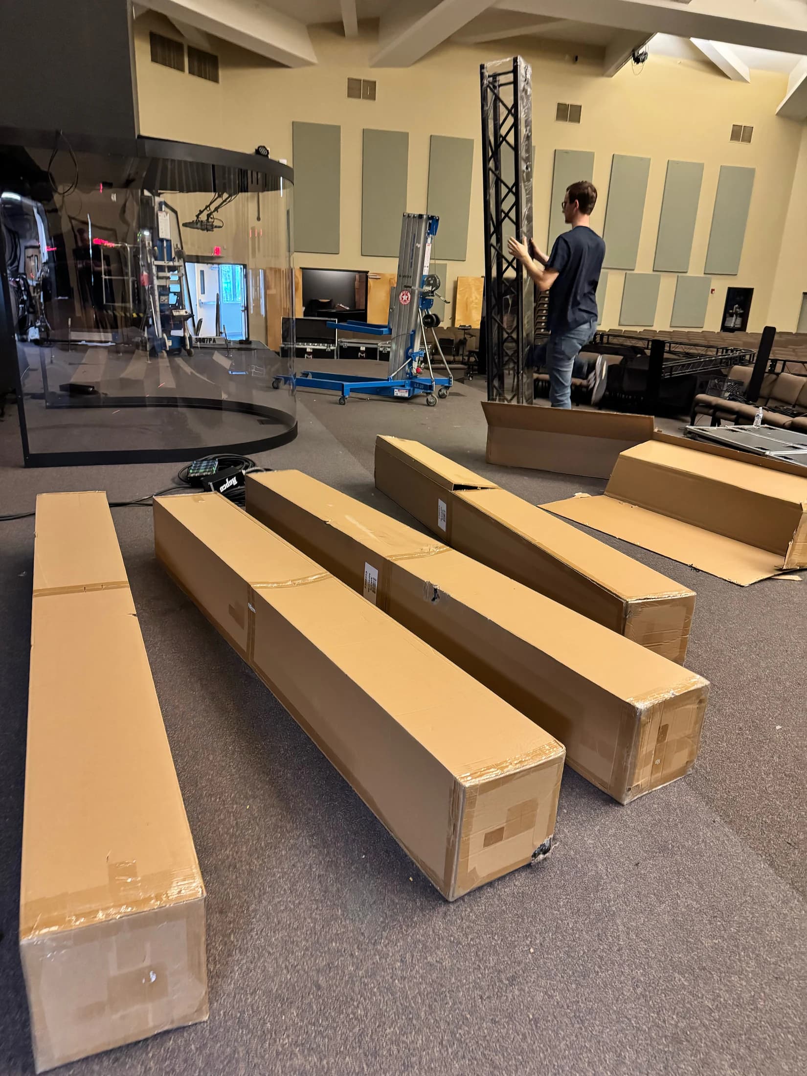 Global Truss components being assembled on the Abundant Life Church stage