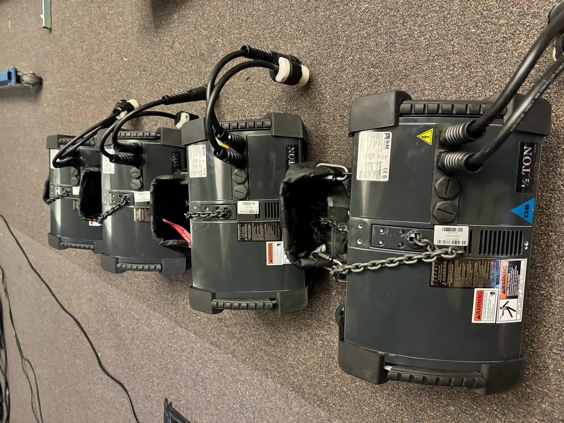 Four Stagemaker hoists prepared for installation at Abundant Life Church