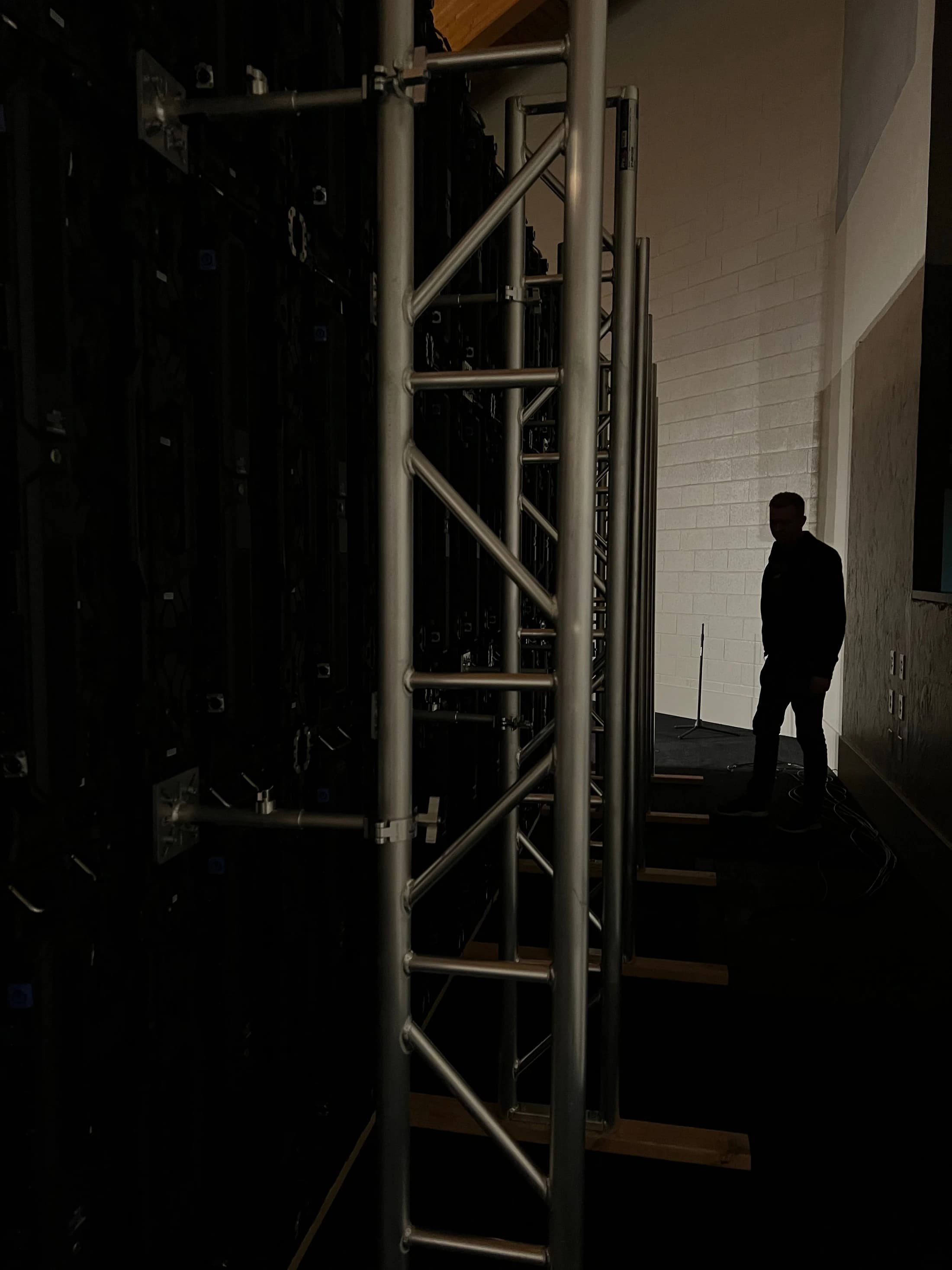 Joy Church LED wall installation with the lower cabinet rows and truss uprights in place