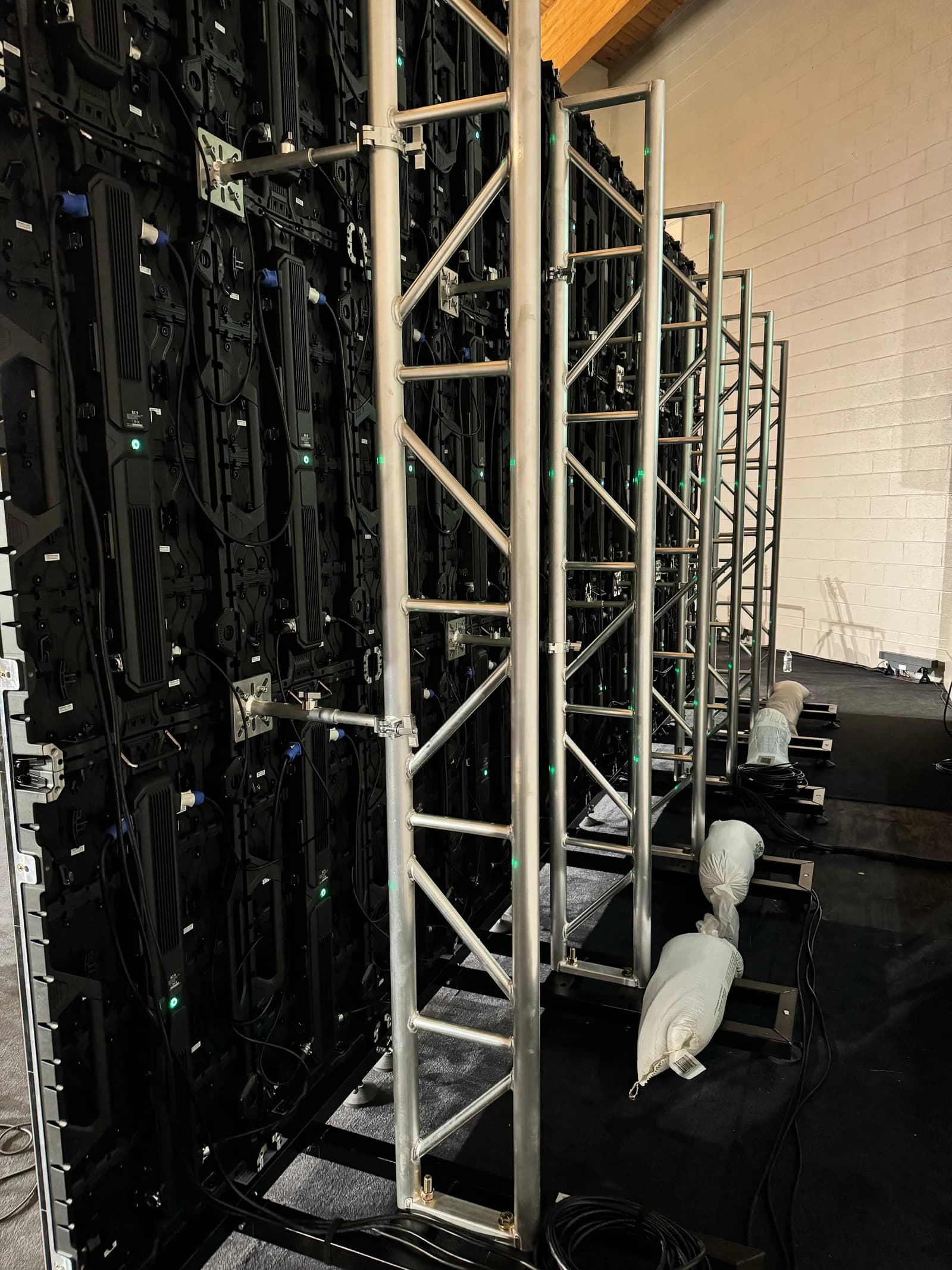 Rear view of the Qohr LED cabinets and ground-support truss at Joy Church