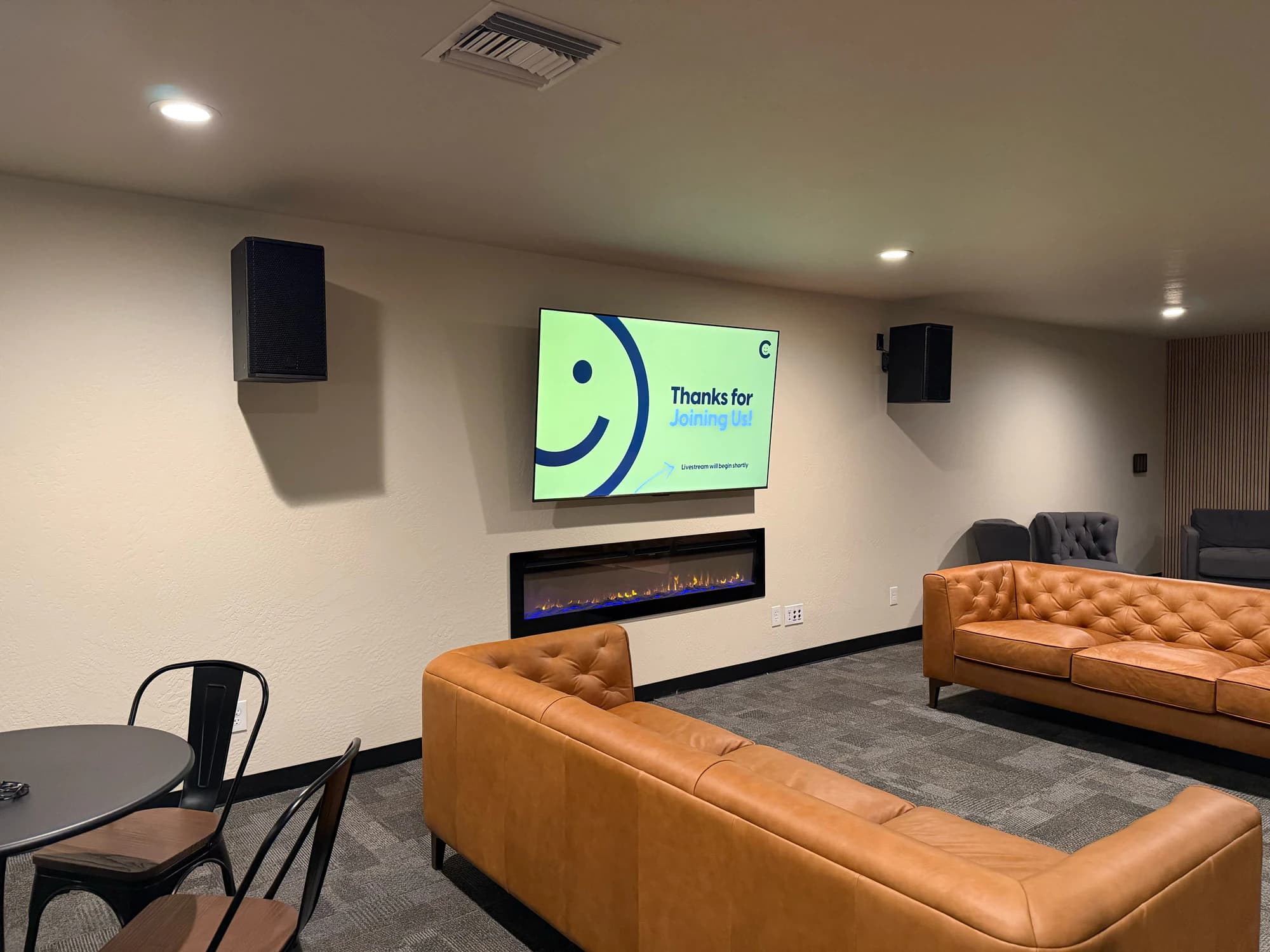 Lobby display and speaker system at Joy Church