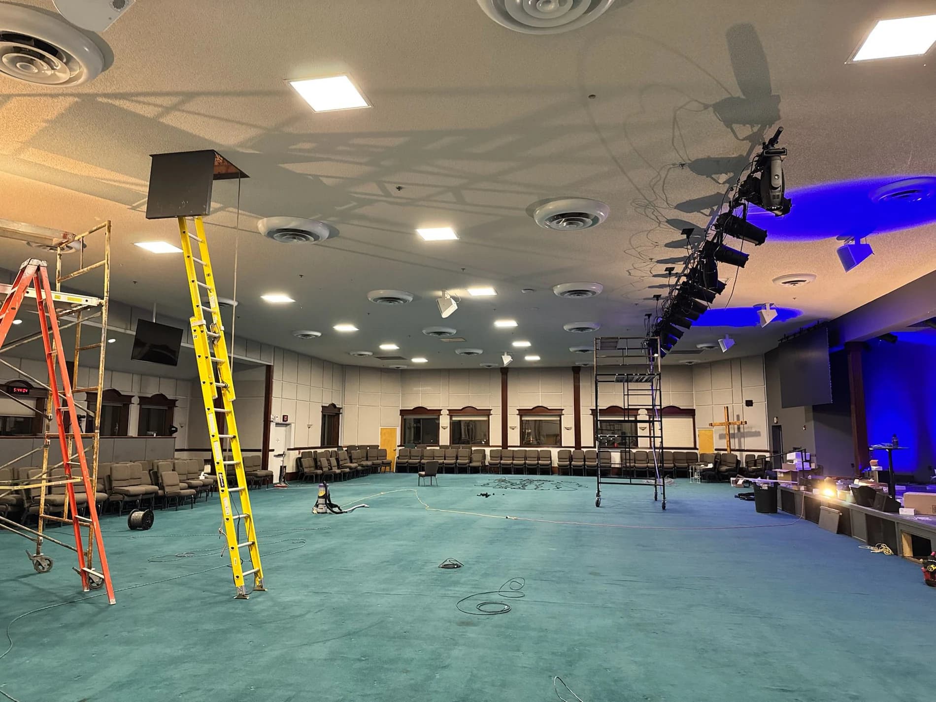Church stage and house lighting installation in progress