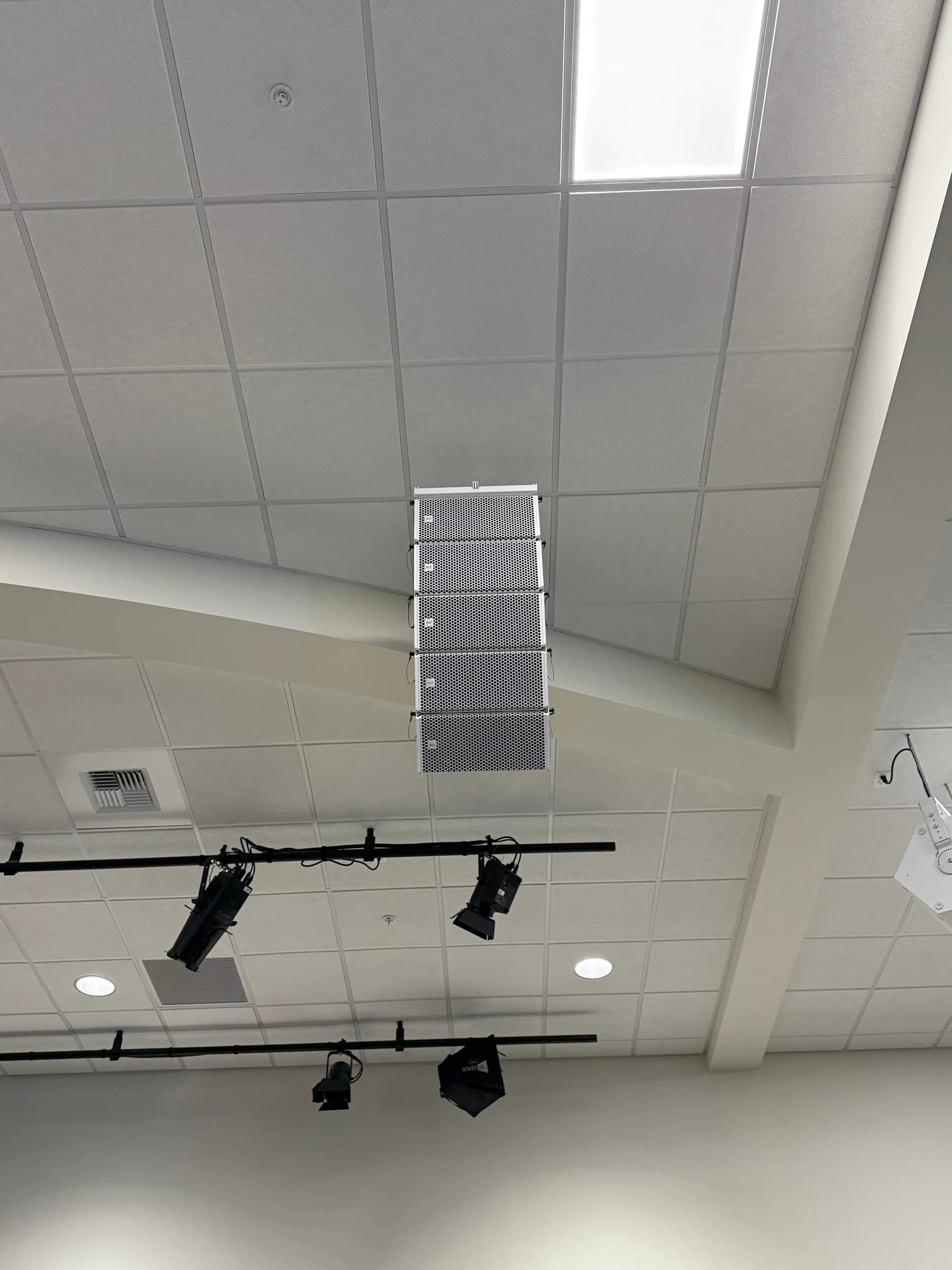 White line array installed in the New Vintage Church sanctuary