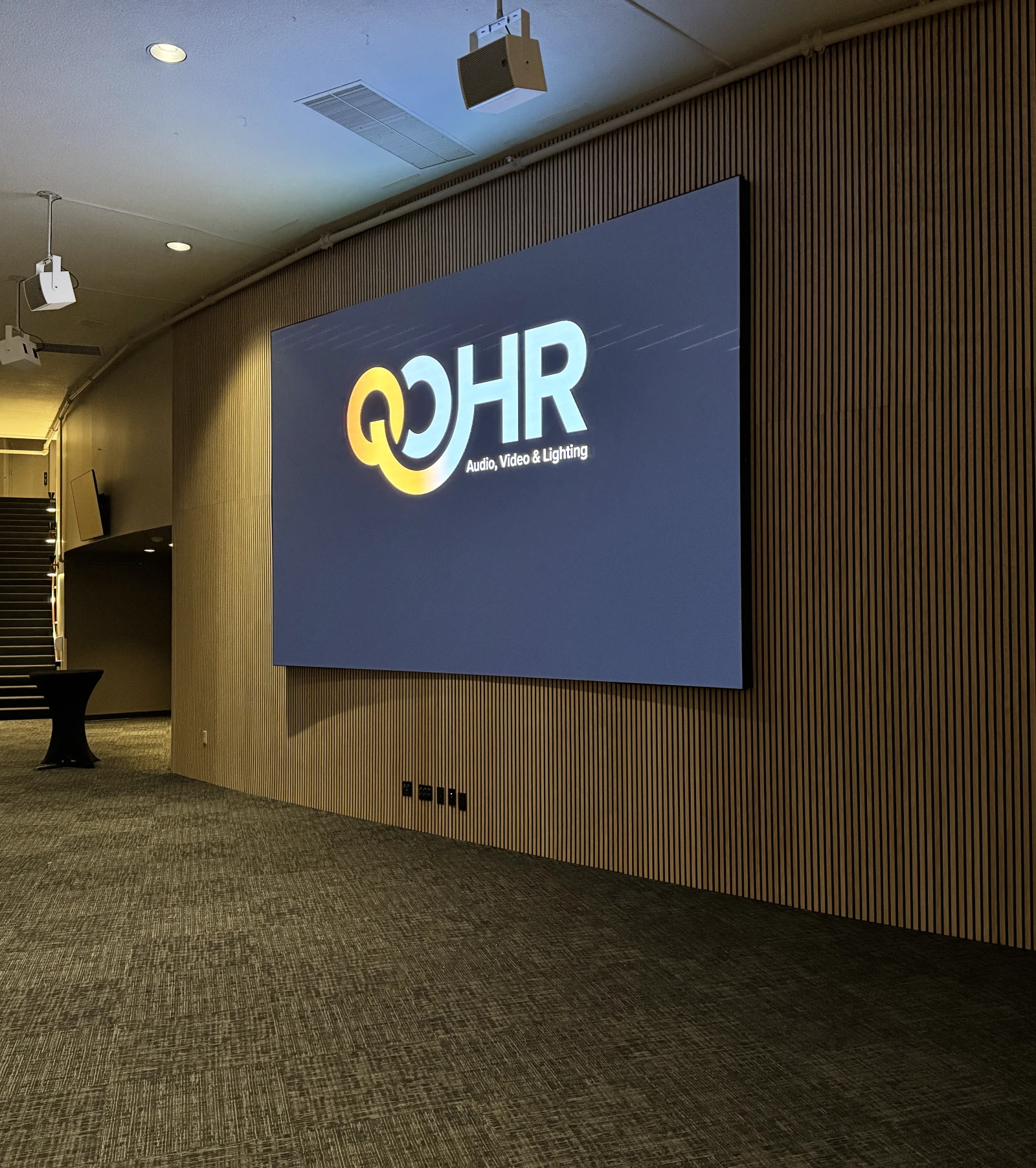 Completed Mannahouse PDX lobby LED wall operating in normal ambient light