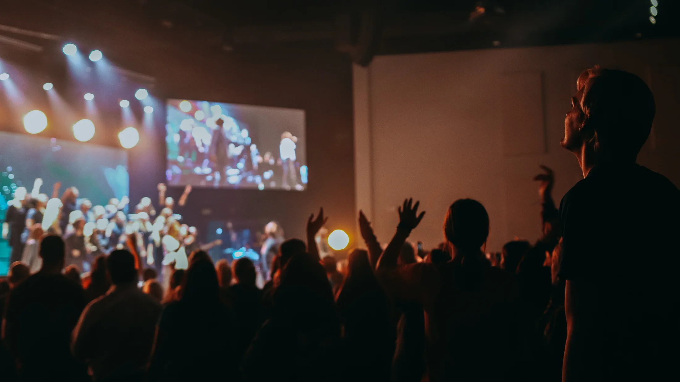 Church worship stage with integrated audio, video, lighting, and LED systems