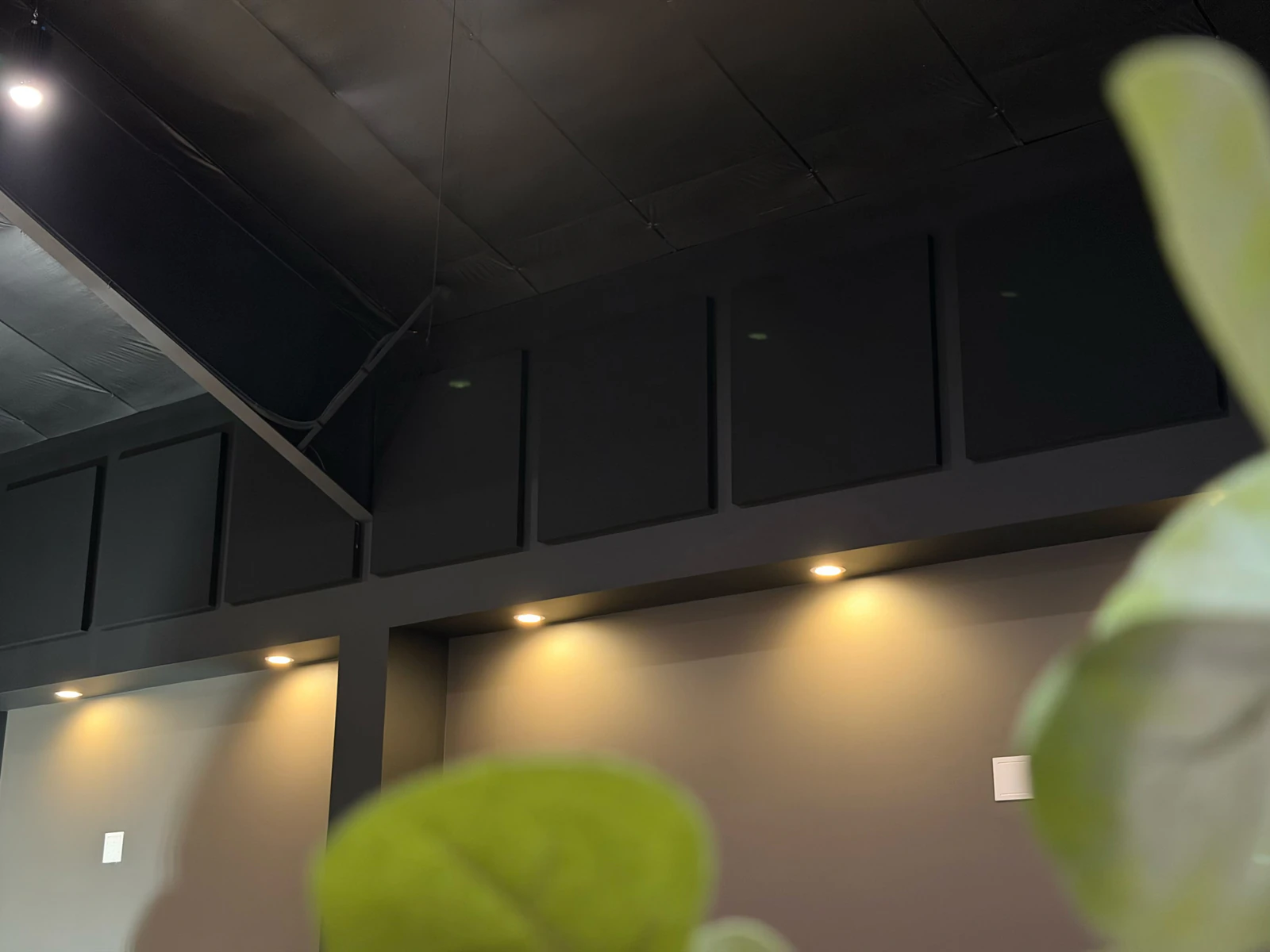 Dark acoustic panels following the wall geometry at Life Co Church