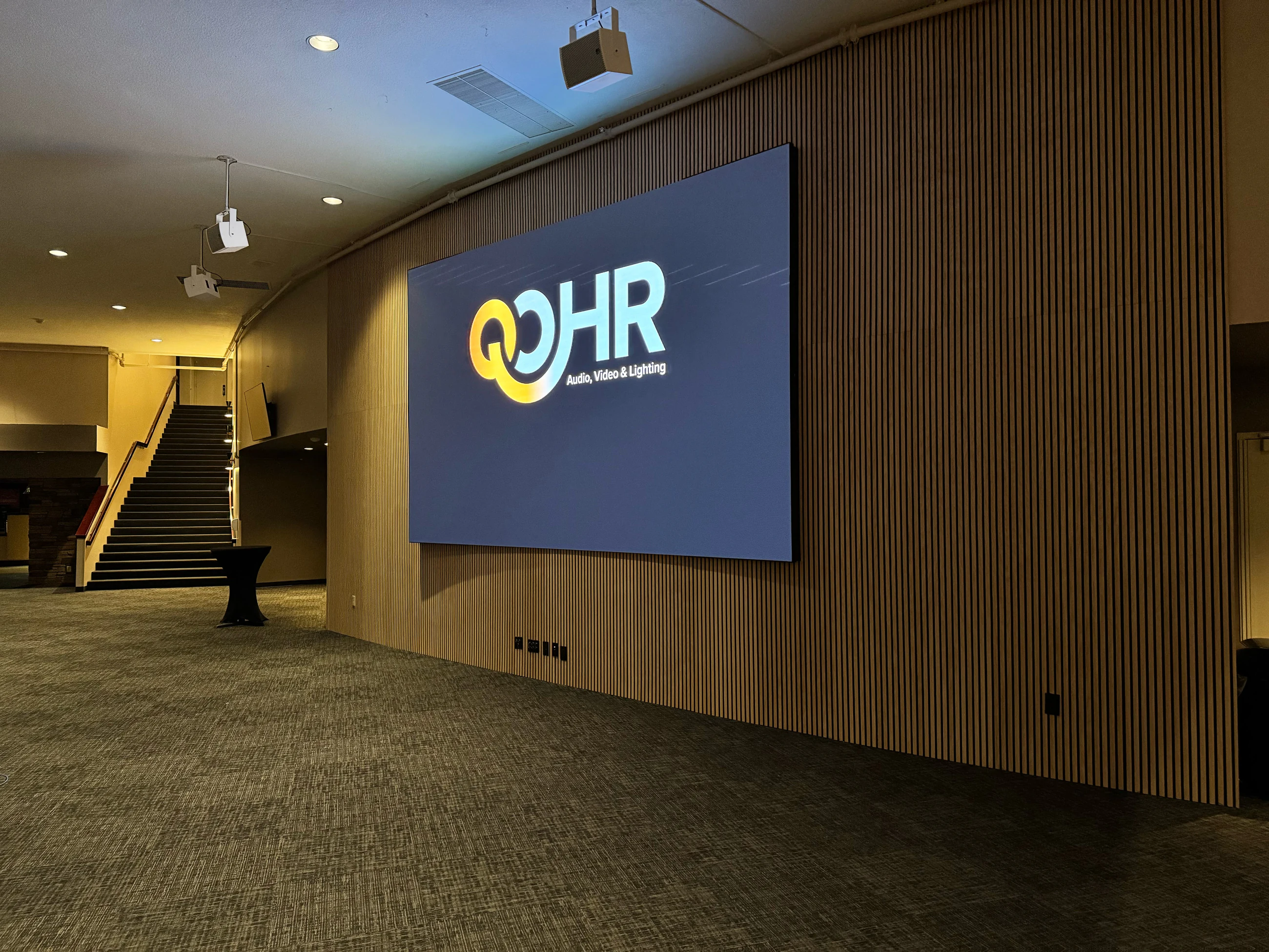 Completed fine-pitch LED wall integrated into the Mannahouse PDX lobby