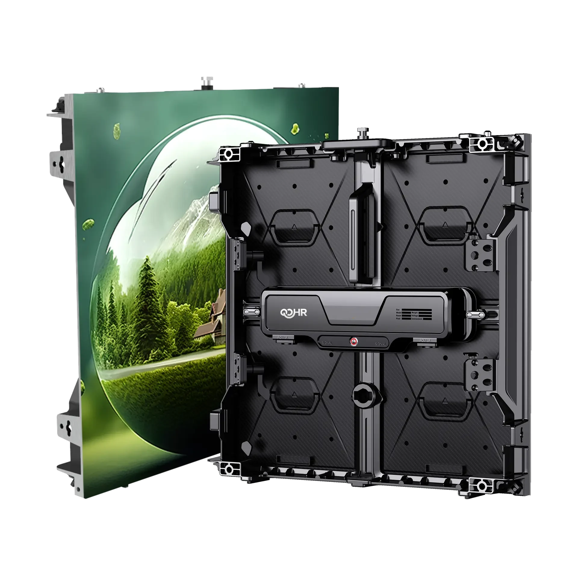 Qohr QL LED cabinet shown from the front and rear