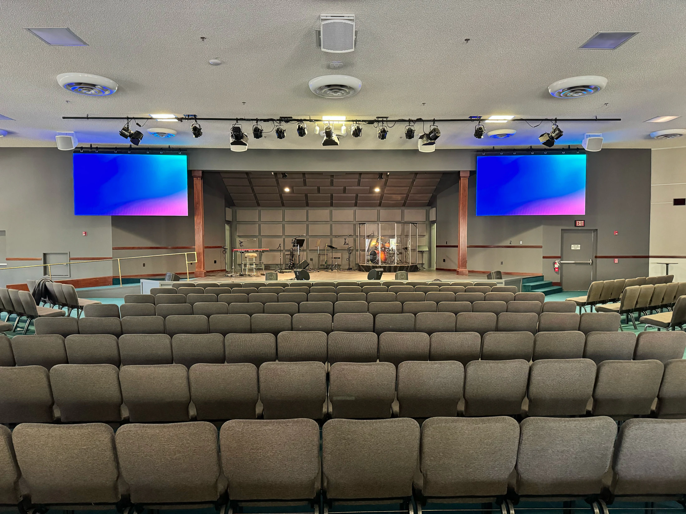Two completed LED screens flanking the MountainHouse Church platform